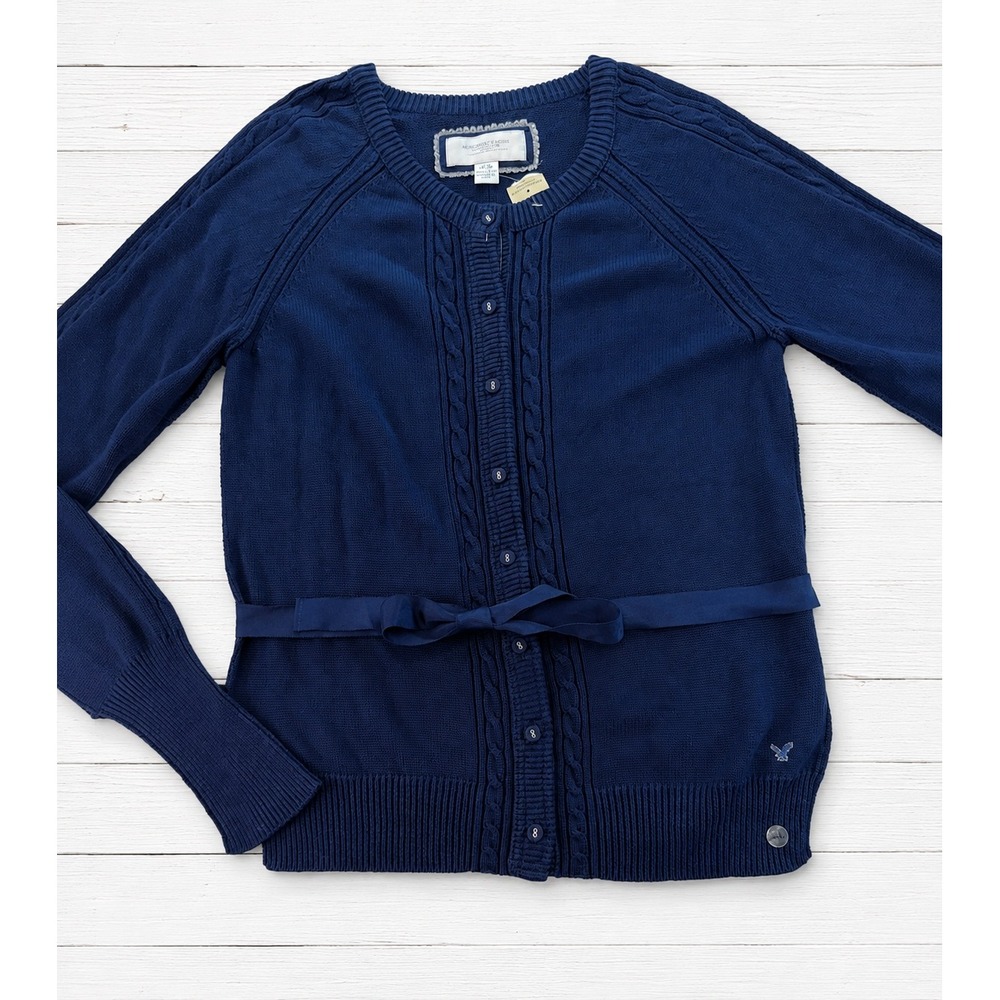 American Eagle Cardigan Sweater Cable Knit Ribbon Preppy Academic Navy Blue XL